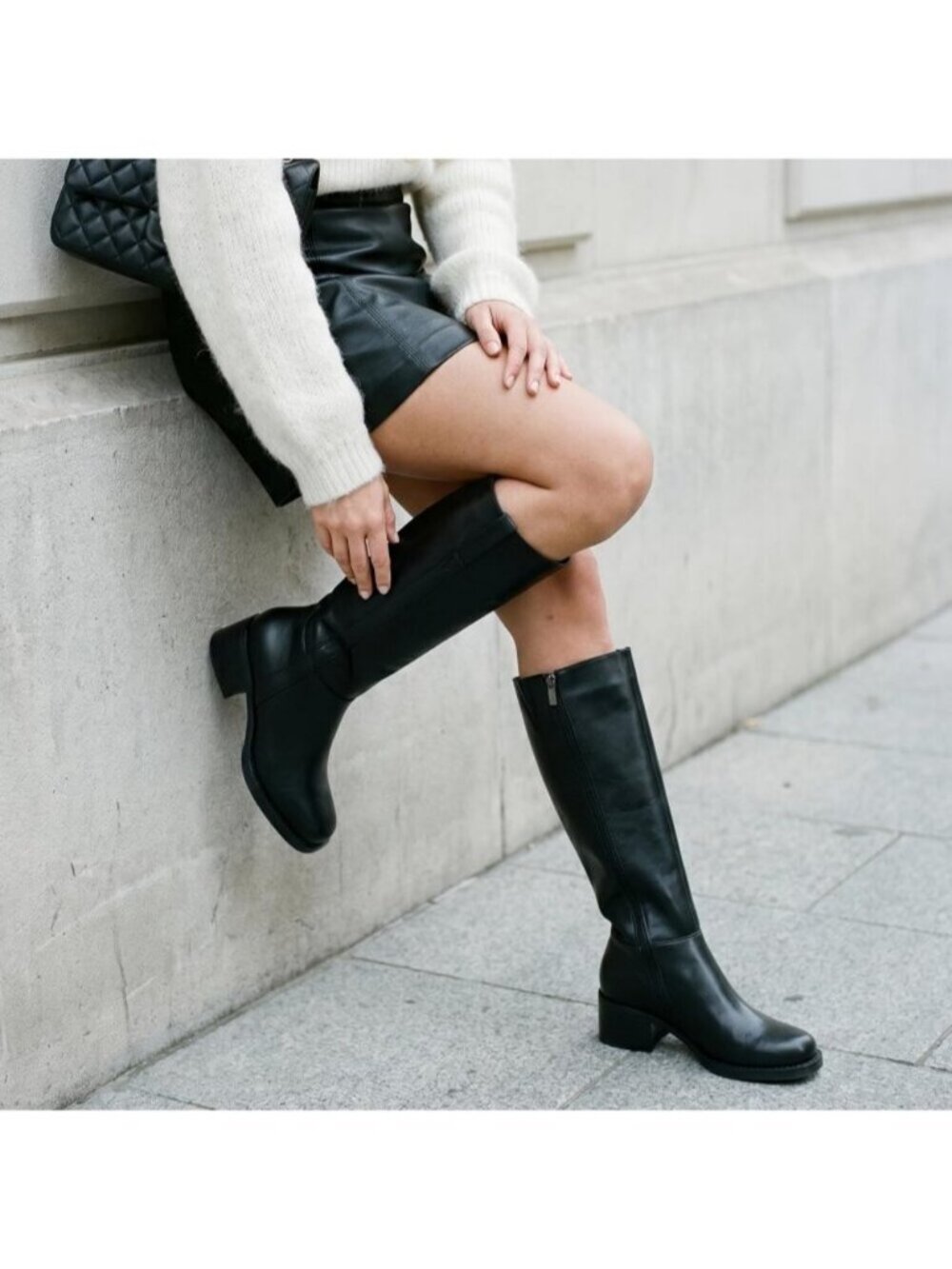 Women's Black Knee High Boots Square Toe Platform Chunky Low Heel Tall Boots - Picture 2 of 6